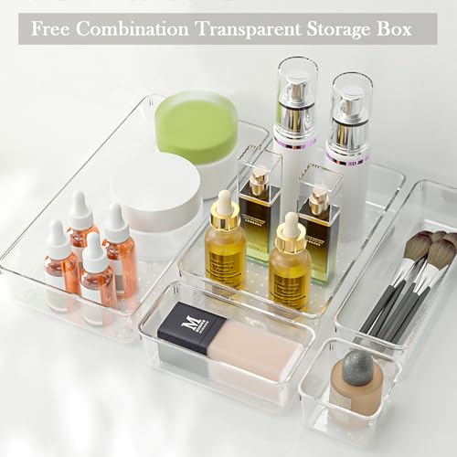 Drawer Organiser Set, Clear Makeup Trays Plastic, Desk Drawer Dividers Dresser Storage Bins Separation Box for Bathroom, Office, Cosmetic, Jewelries and Gadgets, Bedroom (7pcs) - Image 5