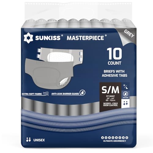 Image of SUNKISS Masterpiece Adult Diapers with Tabs, Unisex, S /M, Grey, 10 Count | Ultra High Absorbency, Plastic-backed Briefs, Refastenable Tabs, Odor Control, Leak Protection for Daytime & Overnight Use