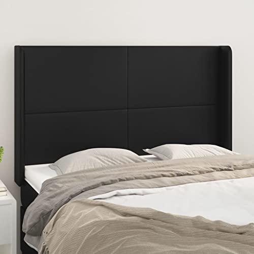 Runheo Reposacabezas con orejas negras, 147 x 16 x 118/128 cm, piel sintética acolchada, altura regulable, patas de madera resistentes, antimanchas, diseño de dormitorio de lujo