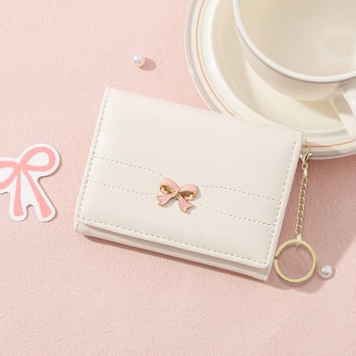 Image of Sunwel Fashion Cute Coquette Bow Wallet with Key-chain Aesthetic Card Holder ID Window for Women Girls (392CREAM)