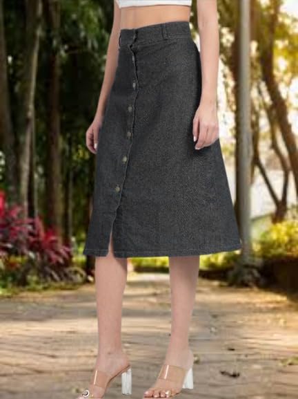 Image of Straight Stylish Comfortable Long Two Button Up Slit Dobby Denim Skirt for Women & Girls