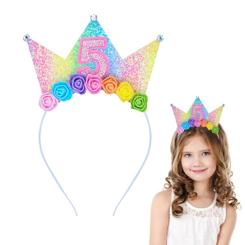 Dmnnlp 5th Birthday Headband for Girls - Sparkle Princess Crown Hairband, Kids Party Decorations, Rainbow Flower Crown Gift for 5 Year Old