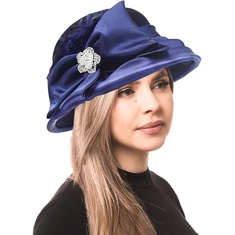 PGTEN Women's Felt Wool Cloche Winter Hat with Satin, Feather and Rhinestone 1924's Style Navy Blue Cover