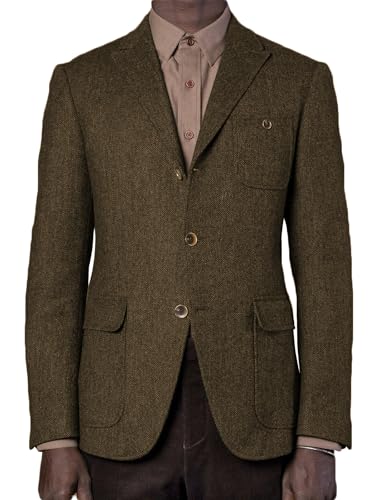Men's Tweed Jackets Herringbone Peaked Lapel Three Buttons Vintage Blazer British Sport Coat with Pockets