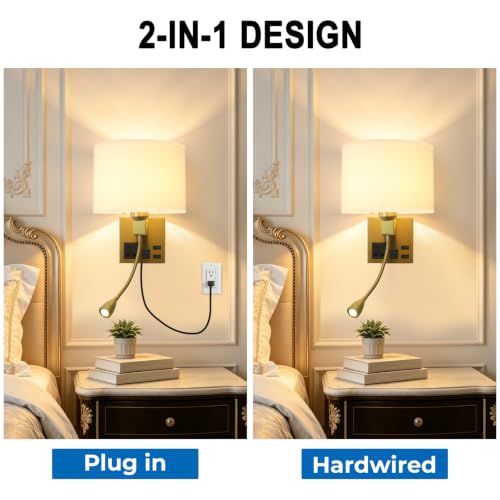 Image of Plug in Wall Sconce, Wall Lights for Bedroom with Bulb Included | Wall Mount Reading Light 360Adjustable, Adjustable Color Temperature, Bedside Lamp with AC Outlet & USBA+C Charging Port