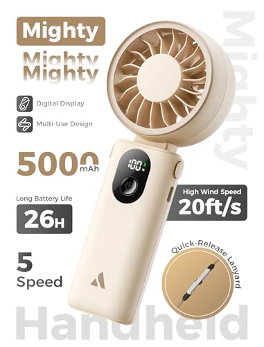 Image of Aecooly Mighty Portable Handheld Fan | 26H Max Cooling Time | 3 Flexible Modes | 5 Speeds Wind | Battery Level Display | USB Rechargeable Mini Personal Battery Powered, Gifts for Women, Travel -Beige