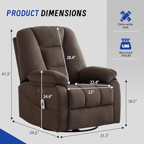 Image of Power Swivel Rocker Recliner Chair for Adults, Electric Rocking Recliner with Massage and Heat for Living Room Bedroom, Fabric Reclining Sofa Chair with USB and Type-C Ports,Brown