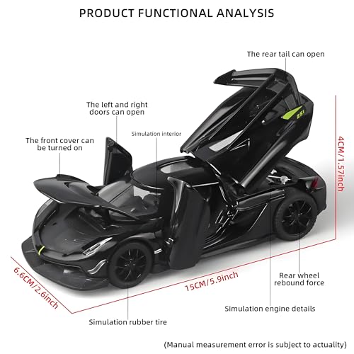 Image of 1:32 Scale Koenigsegg Jesko Model Super Car - Exclusive Alloy Metal Pullback Toy with Openable Doors, Lights, and Music for Kids (Black)