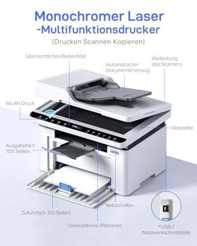 PANTUM BM2300AW Farblaserdrucker Multifunktionsgerät, Schwarz Weiss, Laserdrucker mit Scanner, Kopierer, WLAN, 22 ppm, Inklusive 700-Seiten-Start-Tonerkartusche
