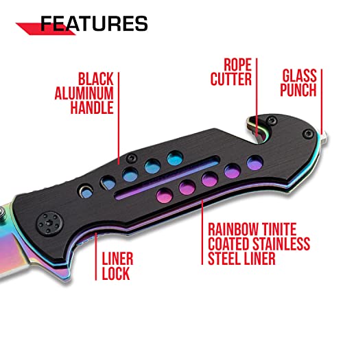 Tac-Force- Folding Pocket Knife – Rainbow TiNite Coated Drop Point Blade and Liner, Black Aluminum Handle w/Rope Cutter, Glass Punch, and Pocket Clip, Tactical, EDC, Rescue - TF-509