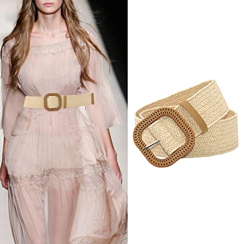 Generic Cinto de cintura elástico de tecido de palha boêmio feminino com fivela de linho largo para