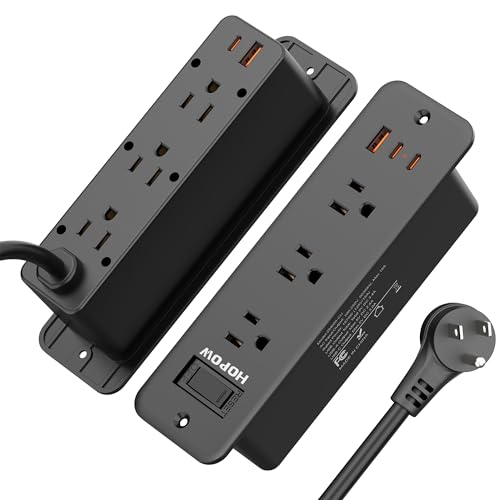 Recessed Power Strip, Flush Mount Furniture Outlet with 6 Outlets 5 USB Ports (3 USB C), 5 FT Flat Plug Extension Cord, Desktop Charging Station for Nightstand, Side Table, 900J Surge Protector, Black