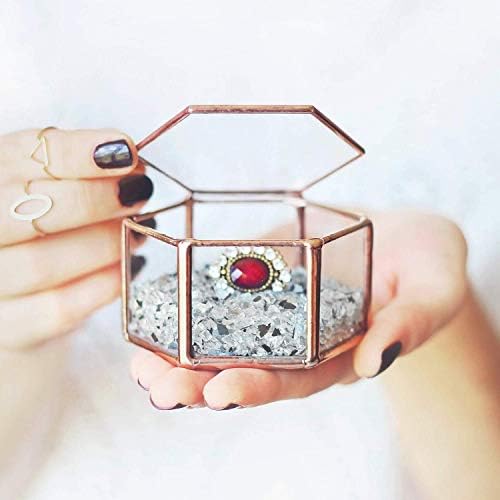 WaenWaen | Clear Glass Geometric Wedding Ring Bearer Box for Weddings & Engagement Ceremony | Hexagon | Gift for Bride | Valentines Day Gift | Jewelry Box (Copper, Silver, Black)