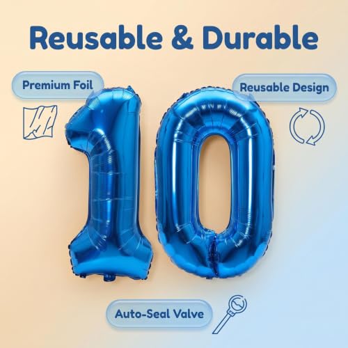Image of Number 10 Balloon Foil Mylar Balloons for Birthday Party Decoration (Blue, 40 Inch)