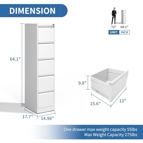 Image of 5 Drawer File Cabinet with Lock,Metal File Cabinet for Home Office