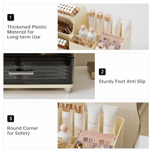 Image of UFORU Makeup Organizer for Vanity with Brush Holder, Large Capacity Bathroom Countertop Skincare Organizer with 2 Drawers, Cosmetic Display Case for Perfumes, Eyeshadow Palettes, Nail Polishes