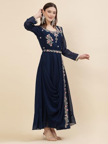 Image of Women's Embroidered Maxi Fit Flared Ethnic Sharee Dress Gown.