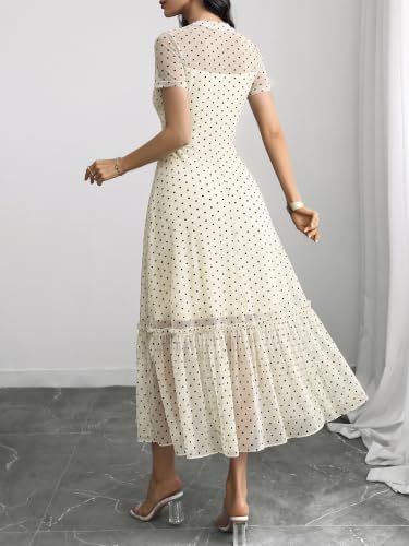 Image of GothDark Women's Summer Floral Mesh Ruffle Dress Short Sleeve Round Neck Waist Cinched Casual Maxi Wedding Guest Dresses