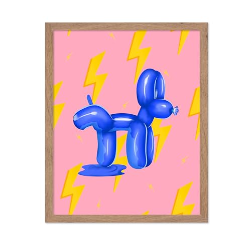 Poster Master Peeing Balloon Dog Print - Pink Preppy Poster - Trendy Pop Art - Funny Bathroom Decorations - Humorous Guest Bath Wall Design - Modern Restroom Sign Decor - 8x10 Beige Framed
