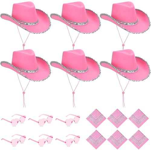 MALLOOM 18 Pièces Chapeau de Cowgirl avec Lunettes en Forme de Cœur et Bandana Paisley – Ensemble pour Femmes et Adolescentes (Rose)
