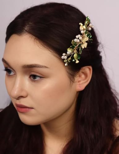 Peine de cabello con hojas y perlas verdes miniatura 2
