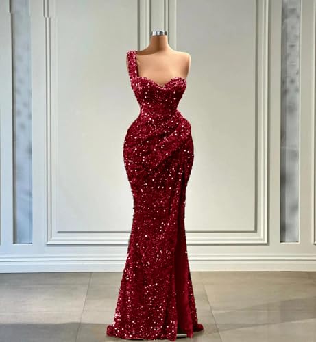 One Shoulder Sequin Prom Dresses 2024 Sparkly Mermaid Slit Evening Party Gowns for Women Formal4