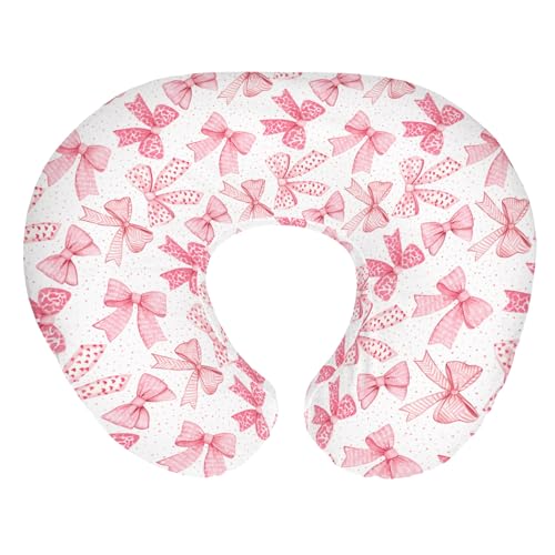 Image of Pink Bows Baby Nursing Pillow Covers for Girl Pink Hair Bows Leopard Stripes Nursing Slipcovers for Breastfeeding Pillows Valentine Hearts Love Soft Stretchy Removable Cover for Newborn Infant
