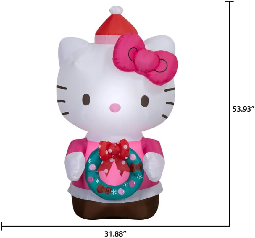 Christmas Inflatable Hello Kitty in Pink Dress Sanrio 4.5 Foot Air-Blown Inflatable Blow Up - Comes with Tether Stakes, Rope, Power Supply and a Repair Patch