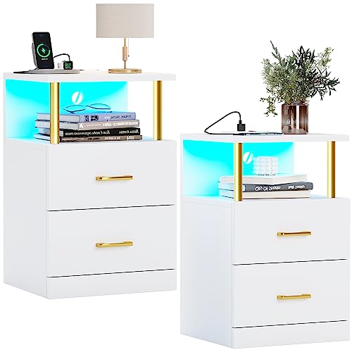AOGLLATI Nightstand with Charging Station and LED Lights, Nightstands Set of 2, Bedside Table with Open Storage and 2 Drawers, 2 USB Ports, 2 Outlets, Modern End Side Table for Bedroom, WhiteThe Forest Stewardship Council