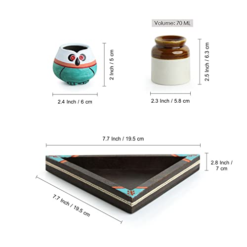 Image of ExclusiveLane 'Desert Owl-Jar Pack' Handglazed Ceramic Salt & Pepper Shakers Set with Terracotta Toothpick Holder & Wooden Tray - Salt Pepper Set for Dining Table Fancy Salt Containers for Kitchen
