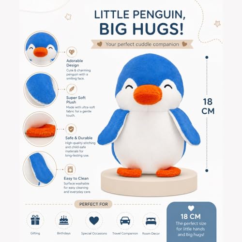 Image of Blue Penguin 18cm | Ultra Soft Plush Stuffed Toy | Cute Hugging Pillow | Gift for Kids Boys Girls