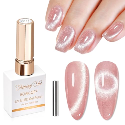 Shining She Pintauñas Semipermanentes de Uñas en Gel UV LED,15ml Ternura Rosa 9D Esmalte Ojo de Gato Semipermanente,Primavera Verano Cat Eye Gel Polish para Principiante Uñas Art Salón,1PCS