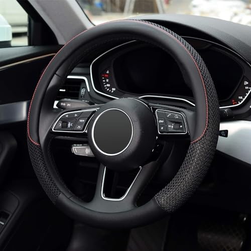 Image of Steering Wheel Cover, Genuine Leather Car Steering Wheel Protector Sport Carbon Fiber Design, Non-Slip & Breathable & Odorless, Universal Fit 15 Inch Steering Wheels, (Black)