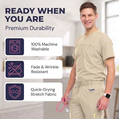 MediChic Men’s Scrub Set – Stretch V-Neck Scrub Top & 7-Pocket Jogger Pants, 4-Way Stretch Flex Medical Uniform Workwear, Khaki X-Large by MediChic - Used condition - Image 5