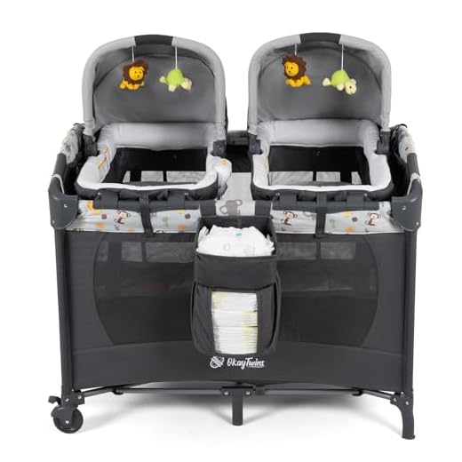okaytwins Twin Bassinet & Full-Size Infant Bassinet & Playard for Baby, Includes 2 Removable Rock-A-Bye Portable Bassinets with Storage Bags, Light Gray