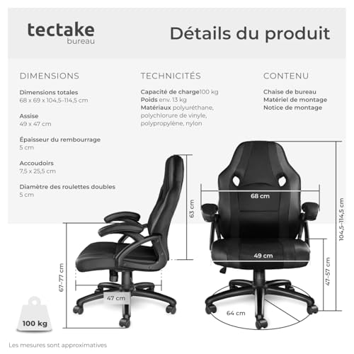 Chaise gaming ergonomique cuir, rotation 360° TecTake