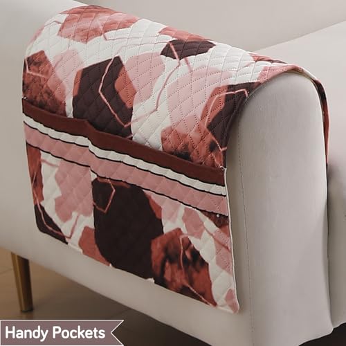 Image of HOKIPO 'LiefNest' Printed Holland Velvet Sofa Armrest Covers | 1 Pair | Geometric Hexagon Cider Red (IN-827-L-D1*2)