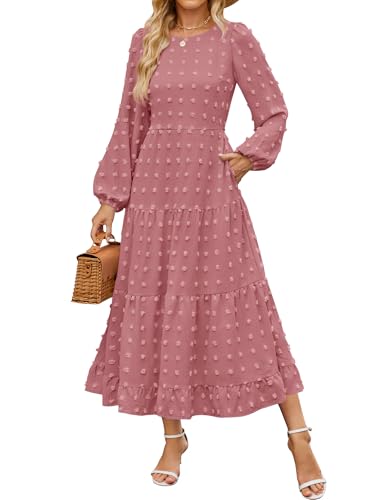 ZESICA Women's Fall Long Sleeve Maxi Dresses 2025 Crew Neck Swiss Dot Tiered Flowy A Line Casual Boho Party Dress