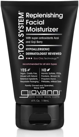 GIOVANNI D:tox System Replenishing Facial Moisturizer, 4 oz. - Super Antioxidants Acai & Goji Berry, Activated Charcoal, Removes Impurities for a Beautiful Complexion, Dermatologist Tested