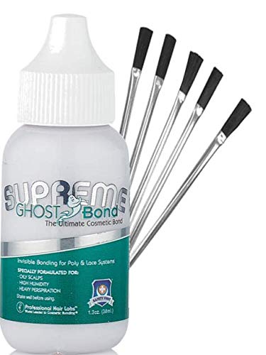 Pro Hair Labs Ghostbond Ghost Supreme Colle pour cheveux en polyester et dentelle Formulée pour forte humidité, forte transpiration et cuir chevelu gras 5 pinceaux d'application