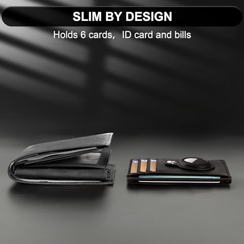 Image of Hawanik Genuine Leather Slim Minimalist Wallet Front Pocket Wallet with Built-in Holder for AirTag