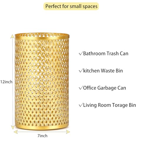 Image of Small Gold Trash Can for Bathroom, Metal Garbage Can for Offices, Decorative Hollow-Out Garbage Can Waste Paper Bin, 7 inch W X 7 inch L X 12 inch H