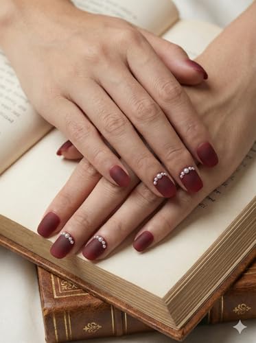Image of Fake Nails with Glue and Kit| Press On Nails | ABS Material UV Protected Long Lasting Finish | Reusable Customizable Nail Kit (Burgundy - Short Squre)