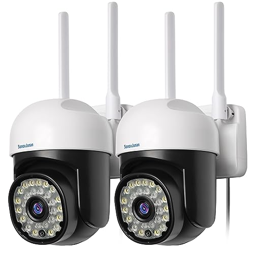 SonoxJunan Outdoor Security Camera, 2.4G / 5G WiFi 360° PTZ Security Cameras Outdoor,Color Night Vision, Motion Detection, 2 Way Audio,IP66, Free Cloud Storage, 2 Cameras