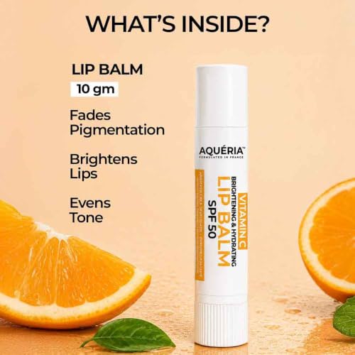 Image of Aqueria Brightening & Hydrating Lip Balm SPF 50 for Dark & Pigmented Lips | 3% Vitamin C, Kojic Acid, Ceramide Complex & Hyaluronic Acid | For Dry, Chapped Lips | Brightens, Hydrates & Helps Repair Lip Barrier | Natural & Untinted | For Men & Women | 10g