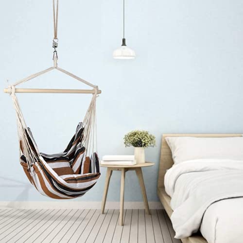 Hammock Chair, Hanging Rope Swing, Included 2 Cushions And 1 Wooden Stick, Suitable For Any Indoor Or Outdoor Spaces, Max 500 Lbs (Coffee Striped) #TOP3