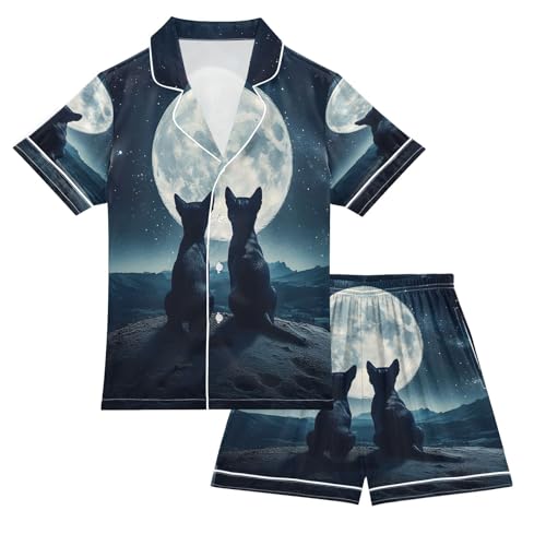 ALAZA Dog Moon Night Satin Pajamas Set Short Sleeve Button Down Sleepwear Summer Pjs 2 Piece