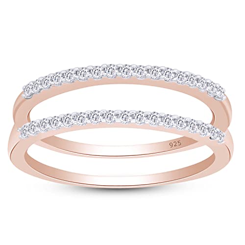 AFFY Round Cut White Cubic Zirconia Enhancer Guard Ring for Women – 14K Gold Over Sterling Silver Double Band Ring Wrap for Engagement & Wedding Rings