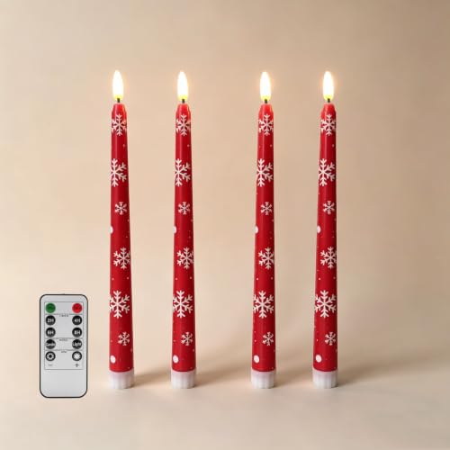 Image of Red Snowflakes Christmas Flameless Taper Candles with Remote Set of 4