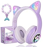 kuyaon Wireless Cat Ear Headphones for Kids, LED Light Up Kids Girls Bluetooth Headphones with Microphone for School/Travel/Sports/Gaming/Gifts/Christmas (Purple)